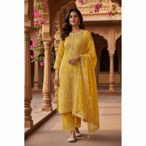 Yellow Cotton Chikankari Long Kurta