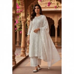 White Cotton Chikankari Knee Length Kurta